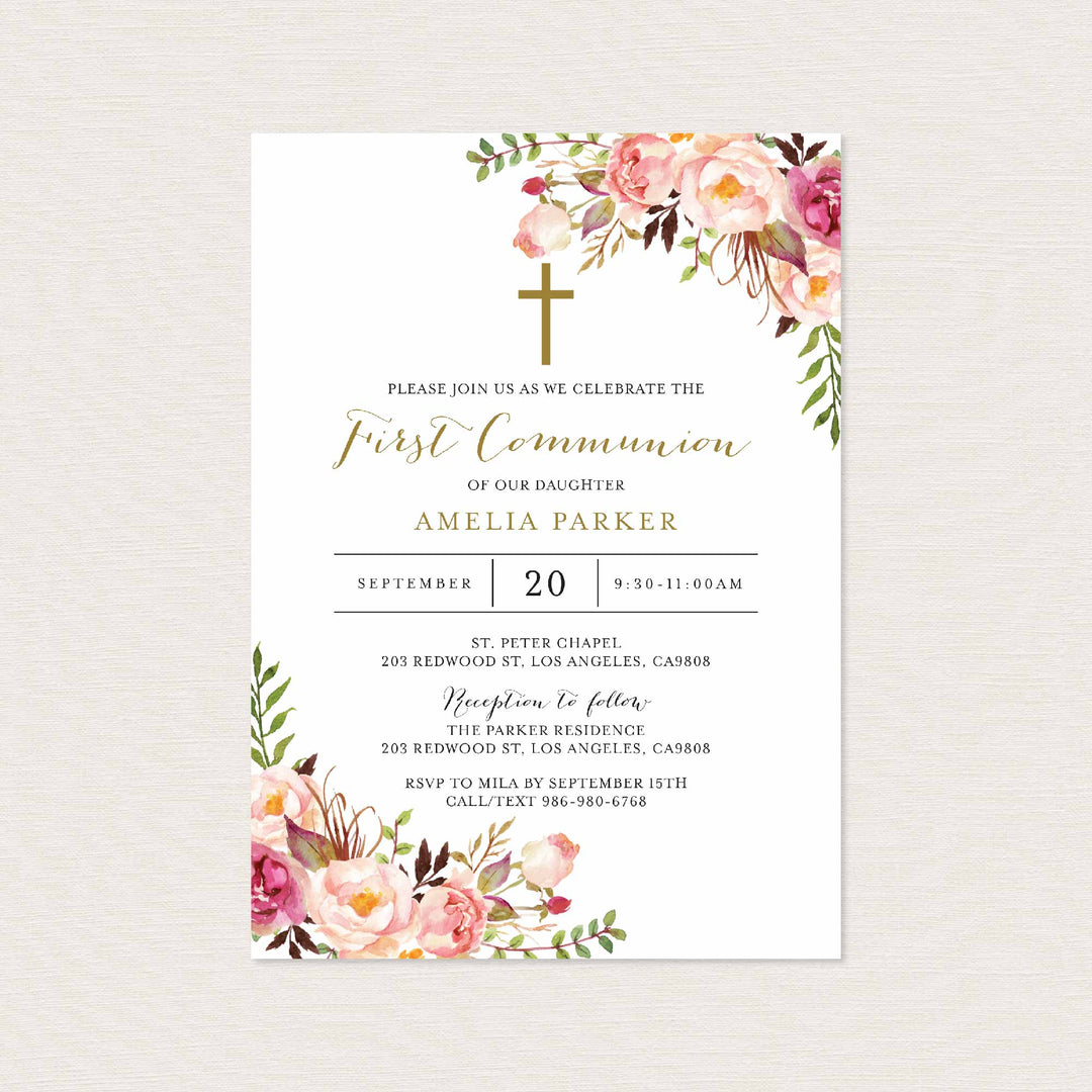 Pink Floral First Communion Invitation Printable