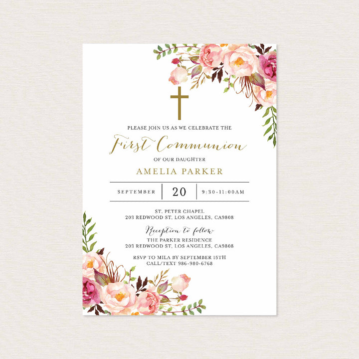 Pink Floral First Communion Invitation Printable