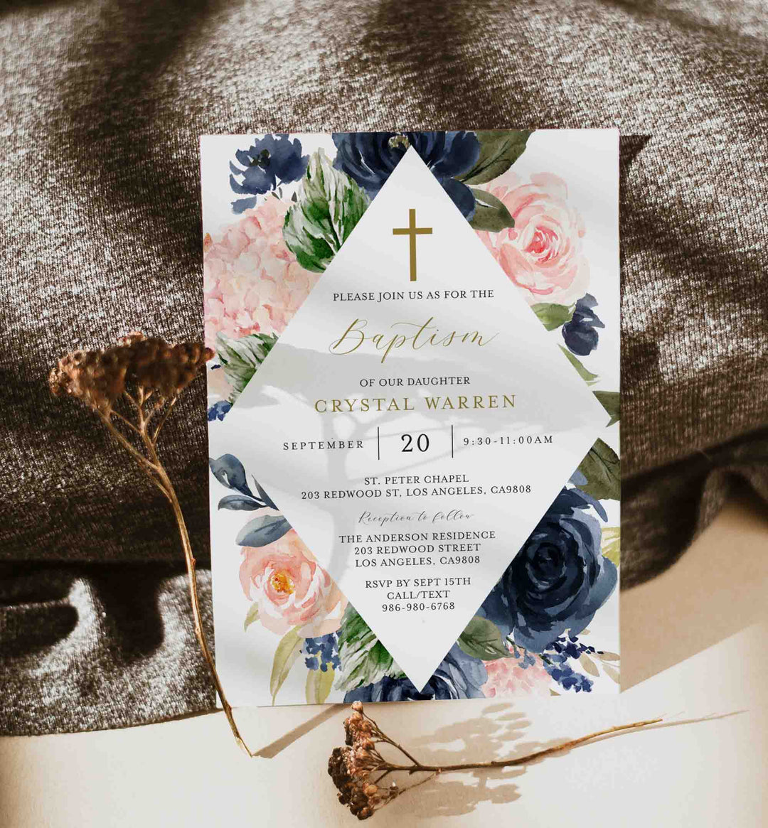 Navy Blush Baptism Invitation Printable