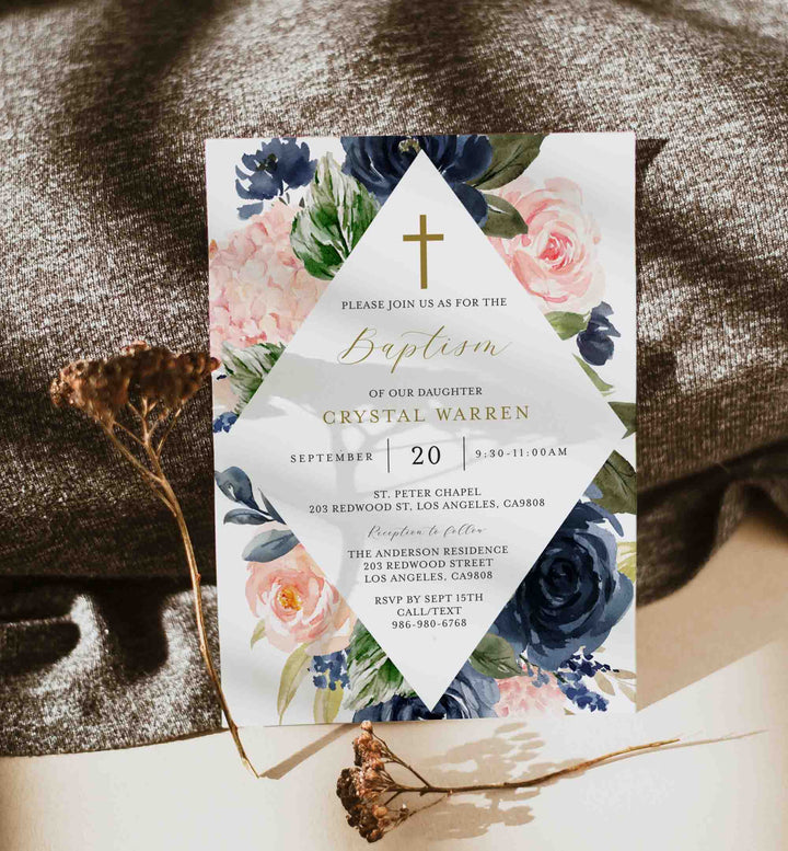 Navy Blush Baptism Invitation Printable
