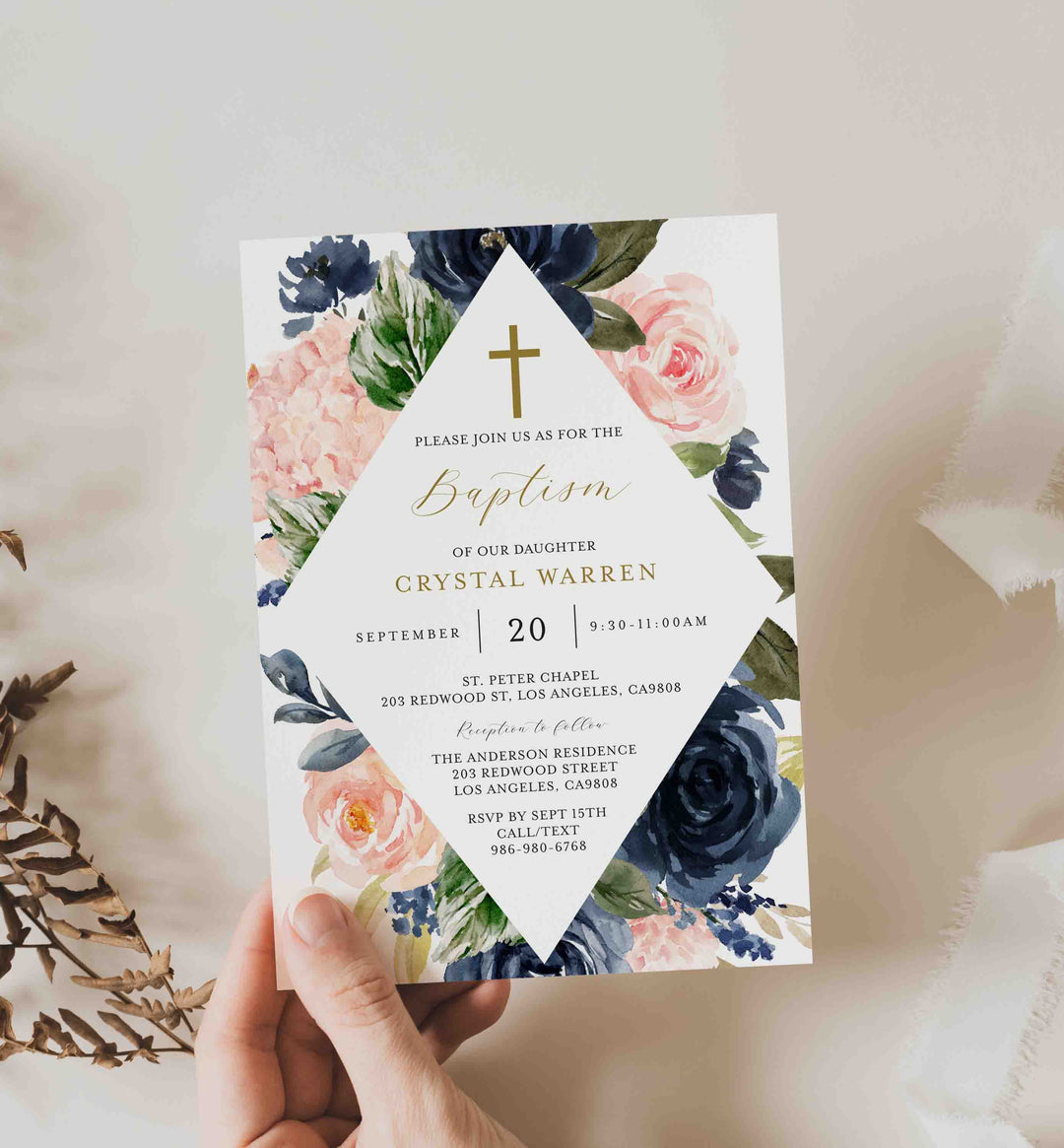 Navy Blush Baptism Invitation Printable