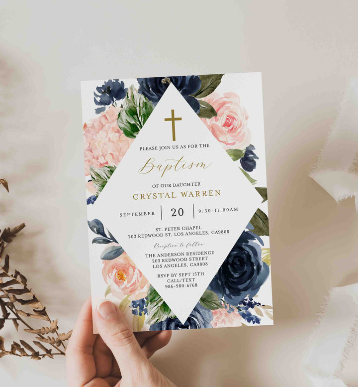Navy Blush Baptism Invitation Printable