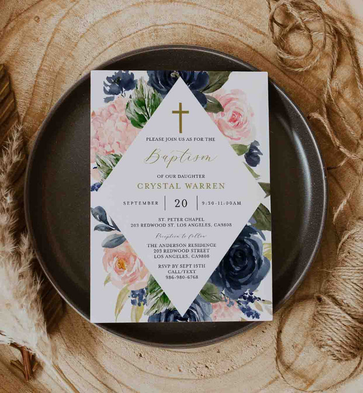 Navy Blush Baptism Invitation Printable