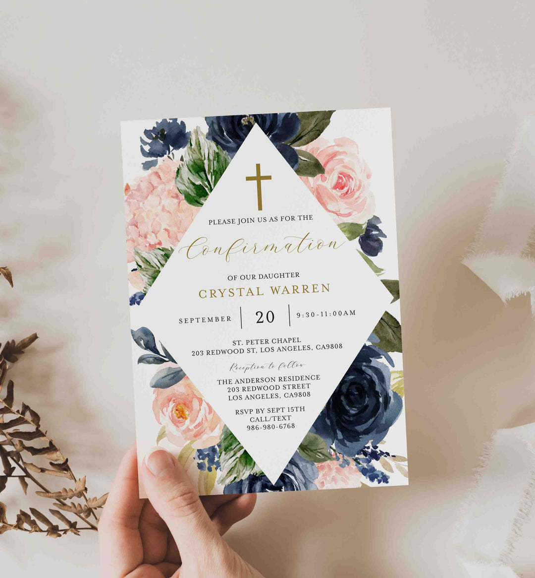 Navy Blush Confirmation Invitation Printable