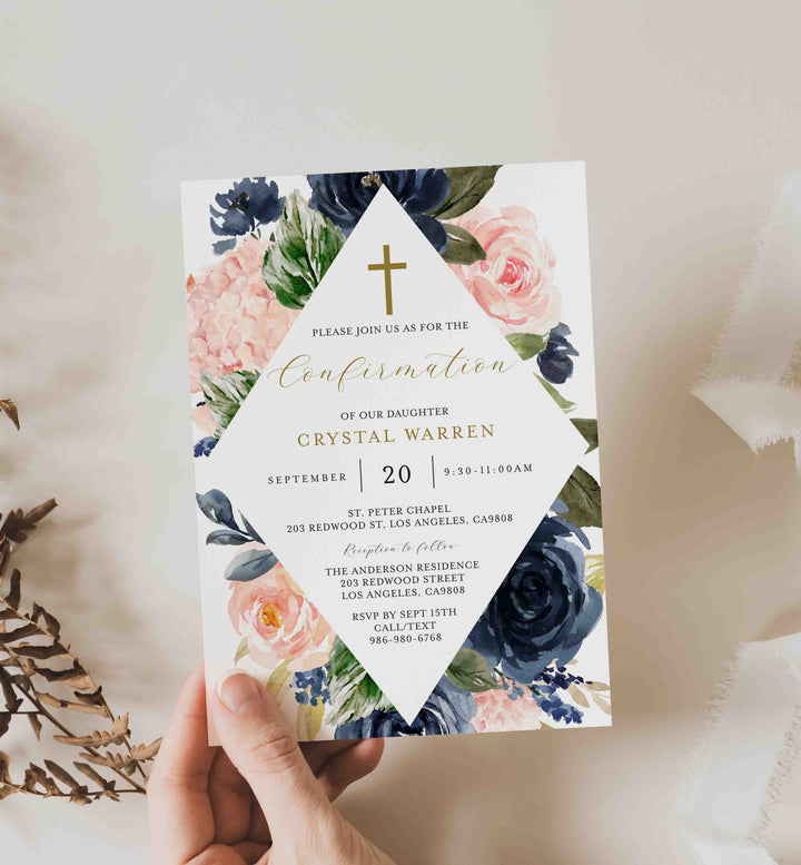 Navy Blush Confirmation Invitation Printable