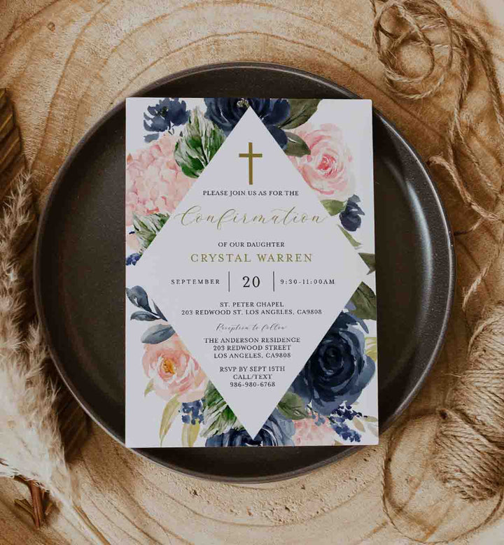 Navy Blush Confirmation Invitation Printable