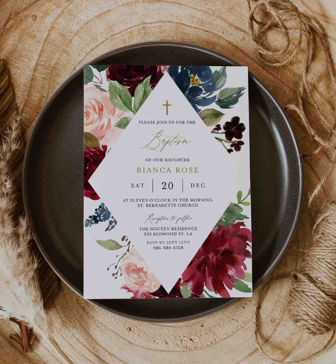 Burgundy Navy Baptism Invitation Printable
