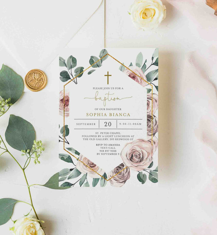 Boho Rose Baptism Invitation Printable