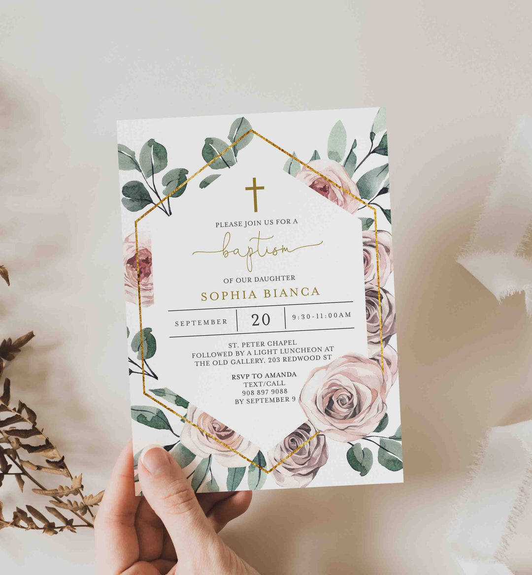 Boho Rose Baptism Invitation Printable