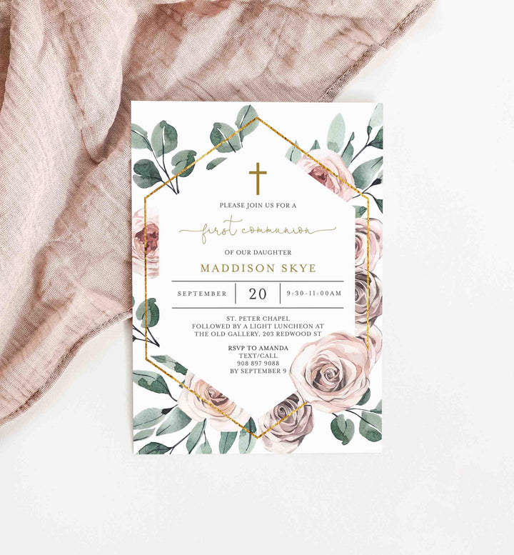 Boho Rose First Communion Invitation Printable