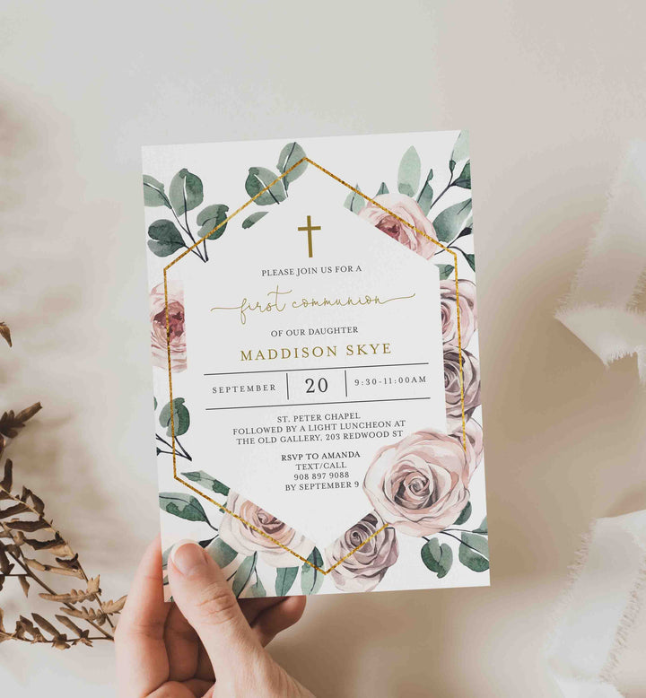 Boho Rose First Communion Invitation Printable