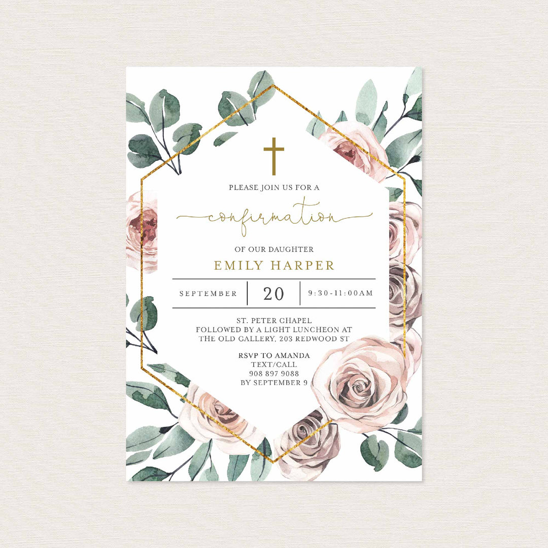 Boho Rose Confirmation Invitation Printable
