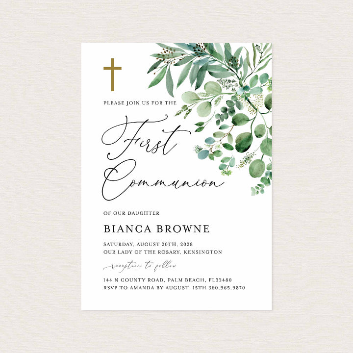 Greenery First Communion Invitation Printable