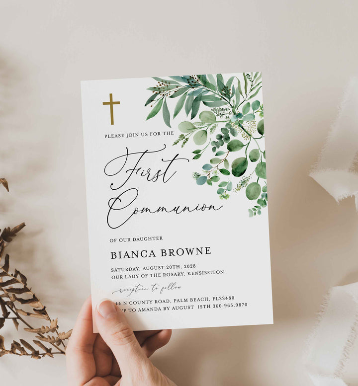 Greenery First Communion Invitation Printable