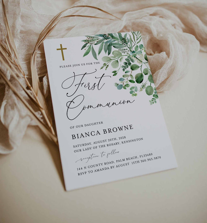 Greenery First Communion Invitation Printable