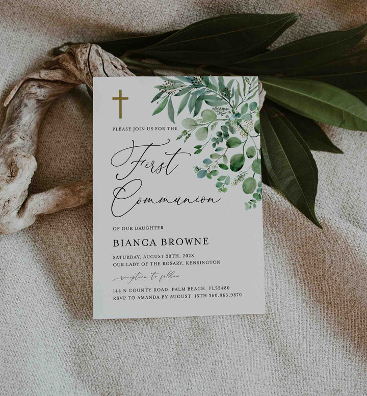 Greenery First Communion Invitation Printable