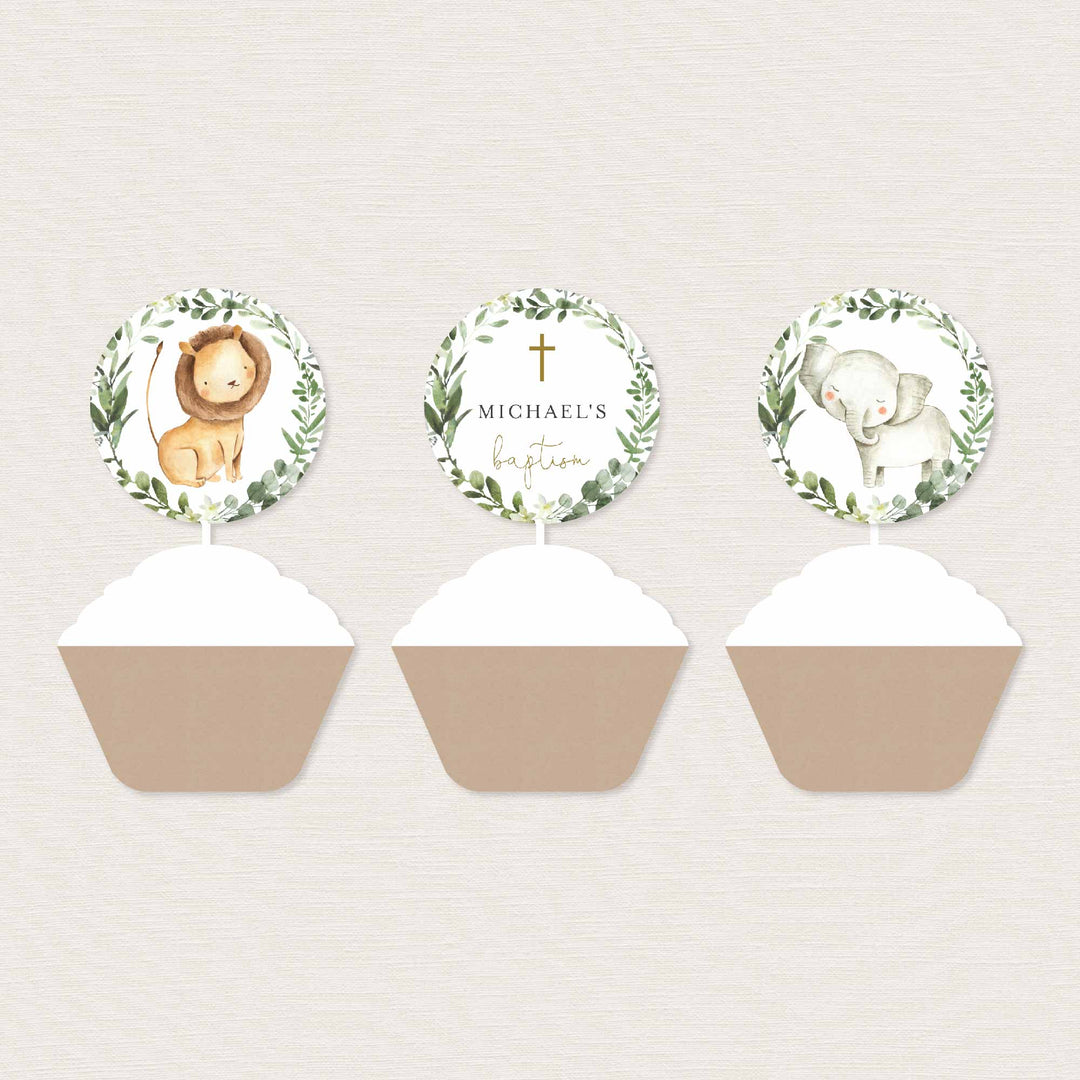 Safari Animals Baptism Cupcake Toppers and Cupcake Wrappers Printable