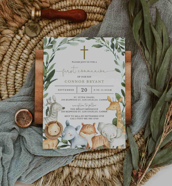 Safari Animals First Communion Invitation Printable