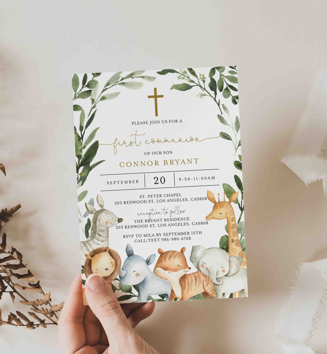 Safari Animals First Communion Invitation Printable
