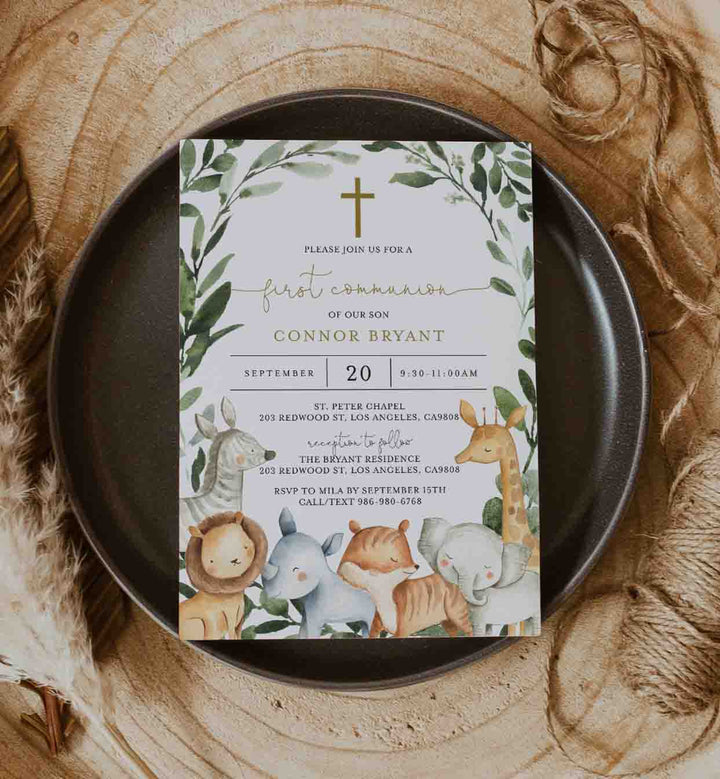 Safari Animals First Communion Invitation Printable