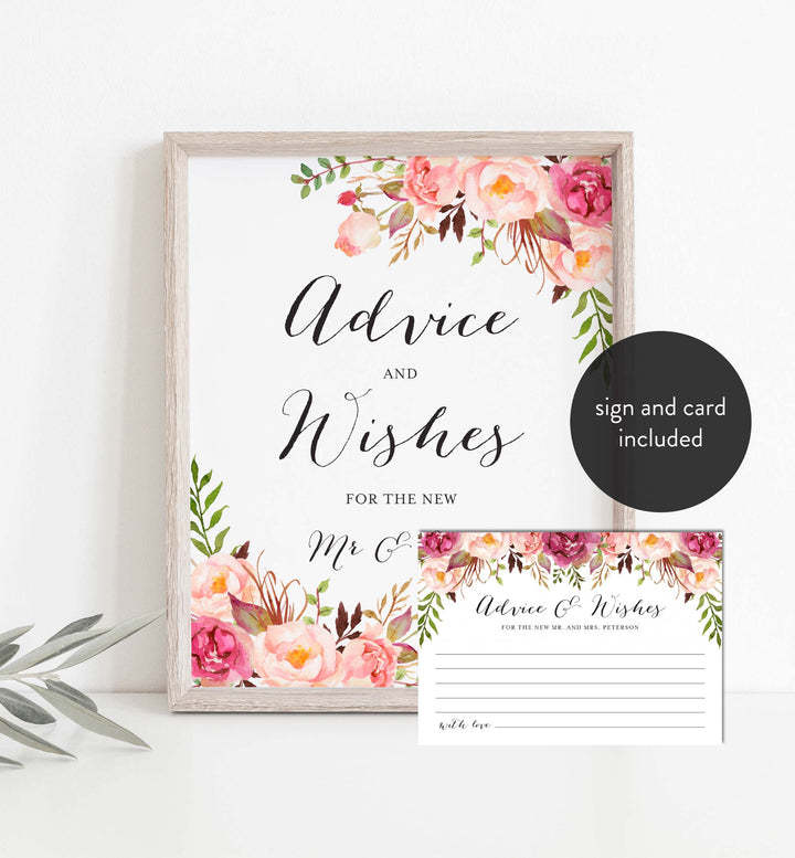 Pink Floral Wedding Advice and Wishes Printable