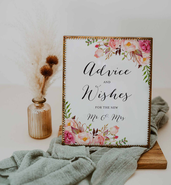 Pink Floral Wedding Advice and Wishes Printable