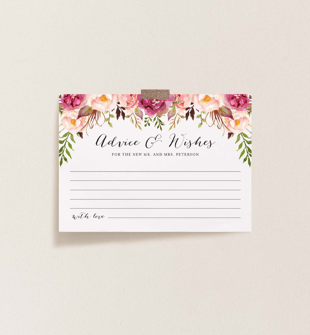 Pink Floral Wedding Advice and Wishes Printable