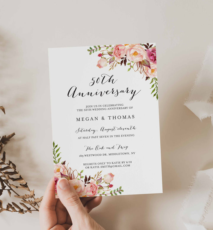 Pink Floral Wedding Anniversary Invitation Printable