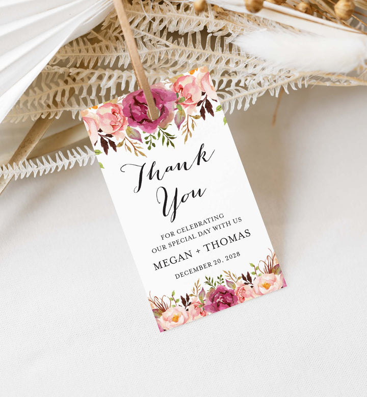 Pink Floral Wedding Favour Tag Printable