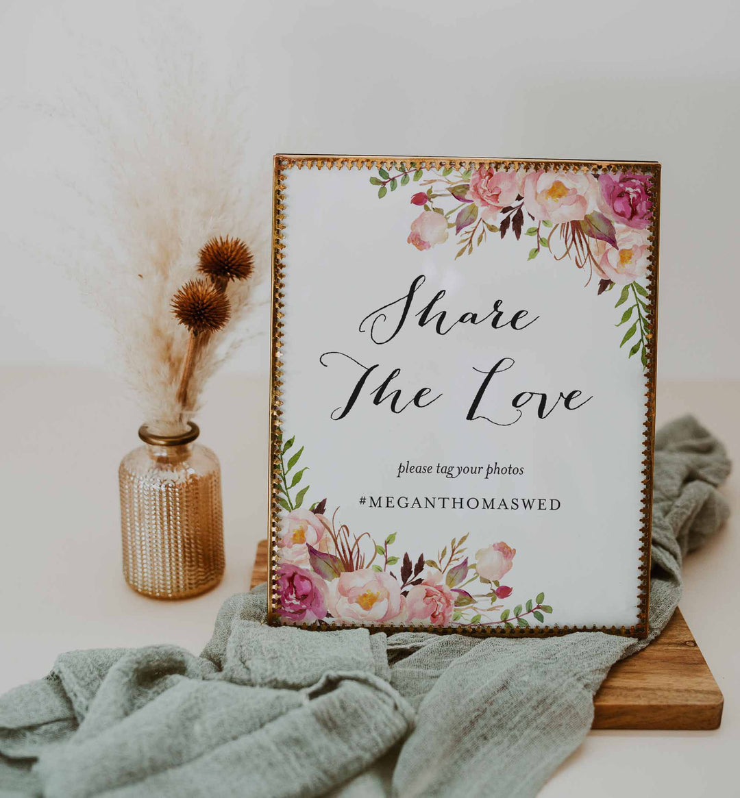 Pink Floral Wedding Hashtag Sign Printable