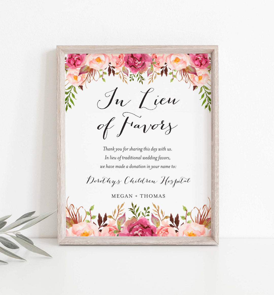 Pink Floral Wedding In Lieu Of Favours Sign Printable