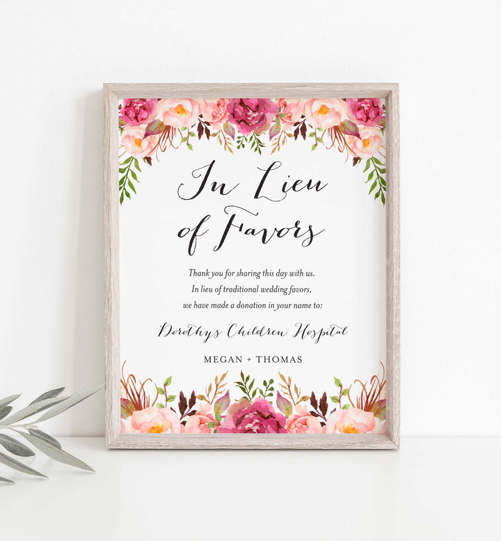 Pink Floral Wedding In Lieu Of Favours Sign Printable