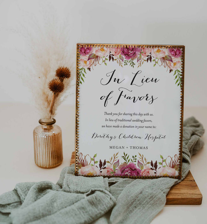 Pink Floral Wedding In Lieu Of Favours Sign Printable