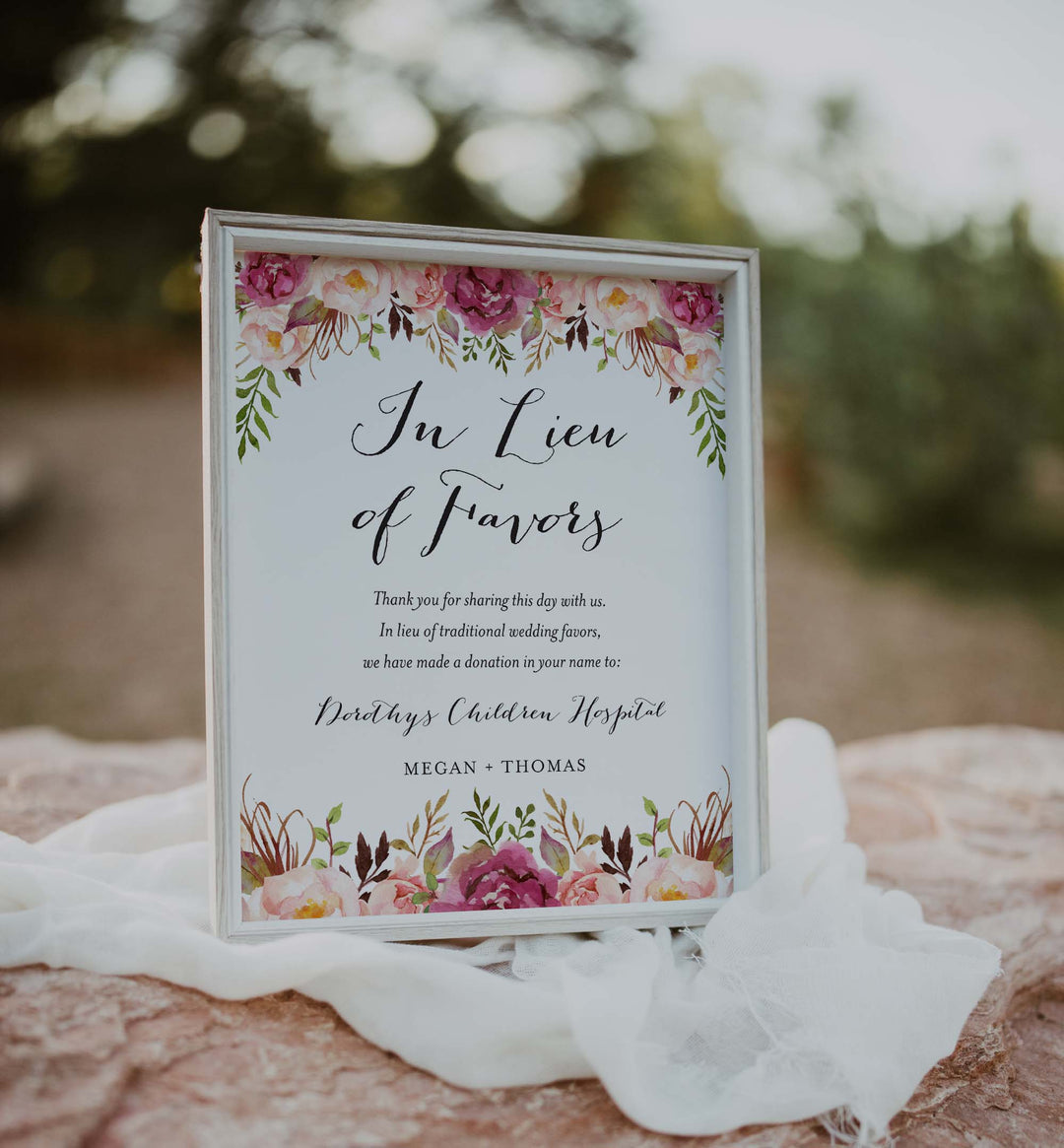 Pink Floral Wedding In Lieu Of Favours Sign Printable