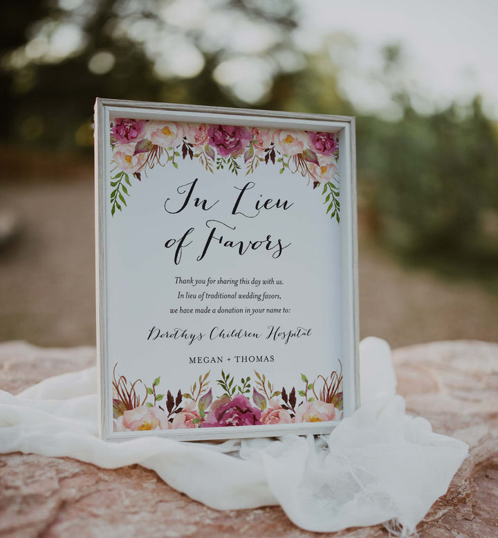 Pink Floral Wedding In Lieu Of Favours Sign Printable