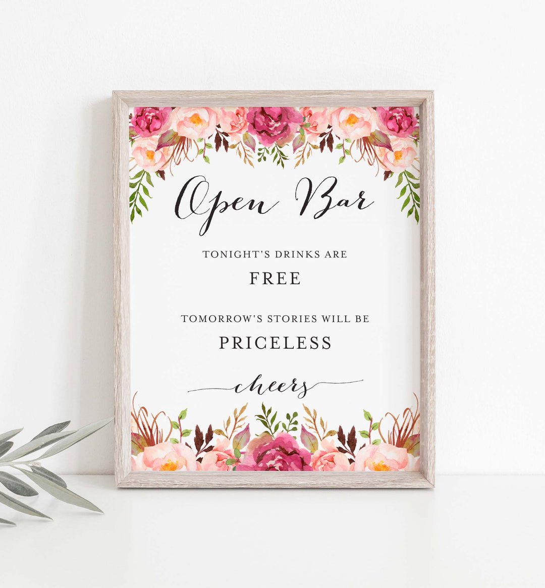 Pink Floral Wedding Open Bar Sign Printable