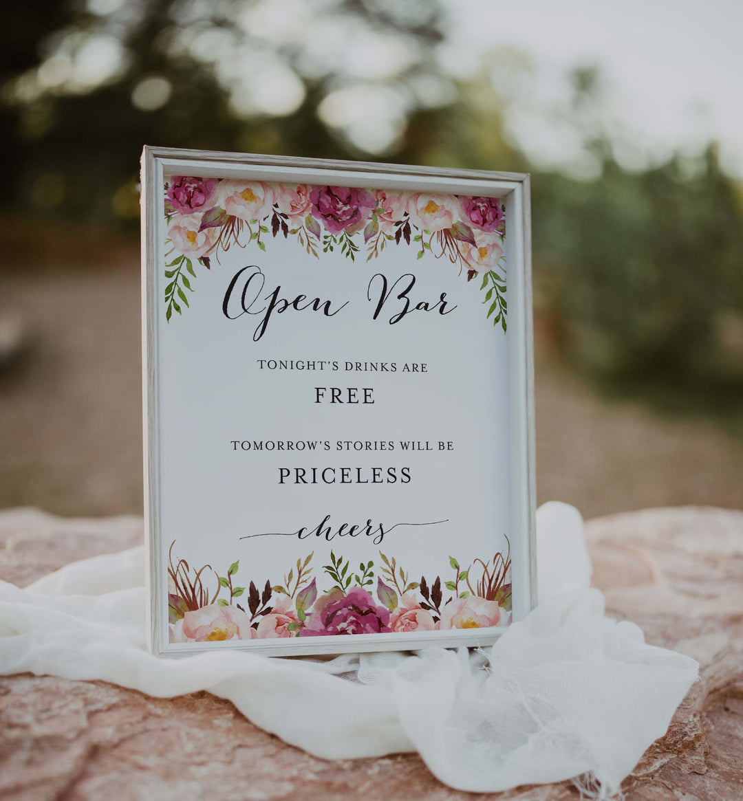Pink Floral Wedding Open Bar Sign Printable
