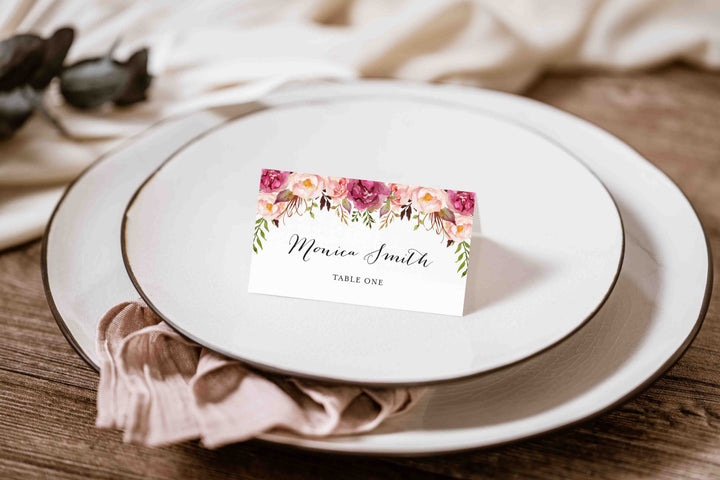 Pink Floral Wedding Place Card Printable