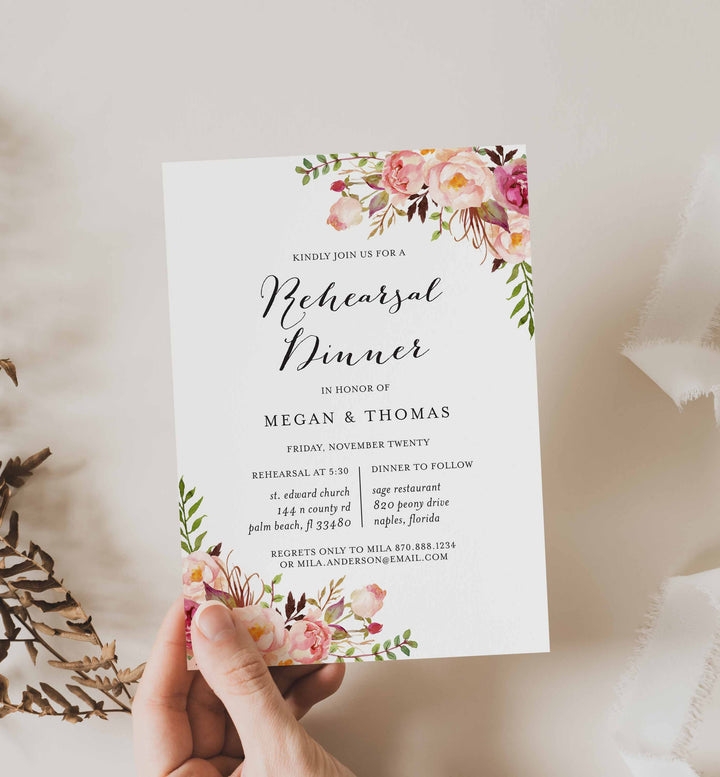 Pink Floral Wedding Rehearsal Dinner Invitation Printable