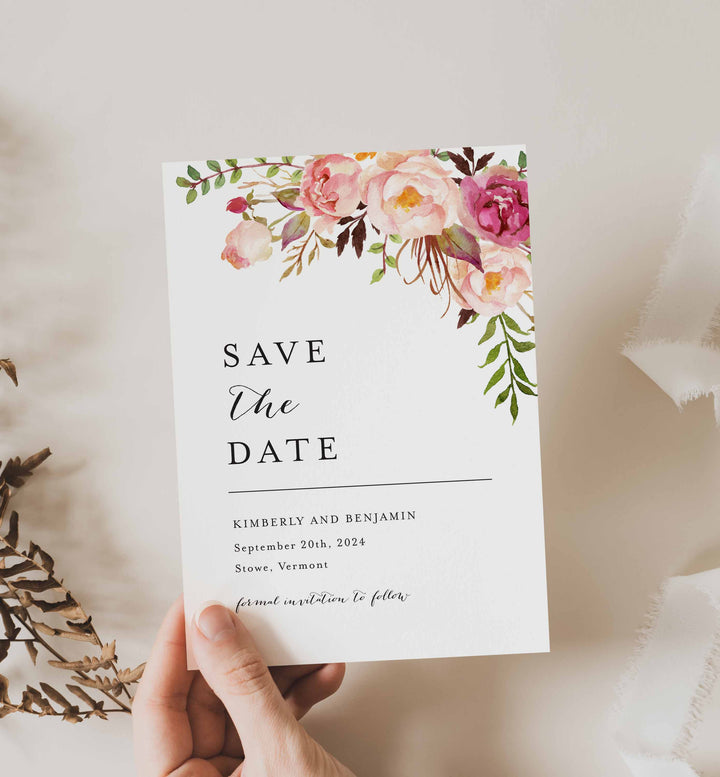 Pink Floral Wedding Save The Date Card Printable