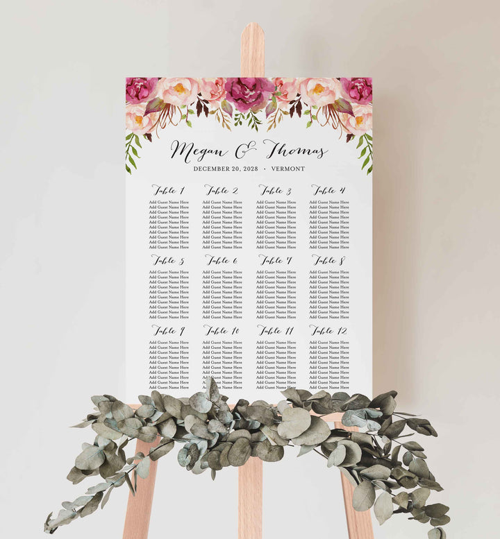 Pink Floral Wedding Seating Chart Sign Printable