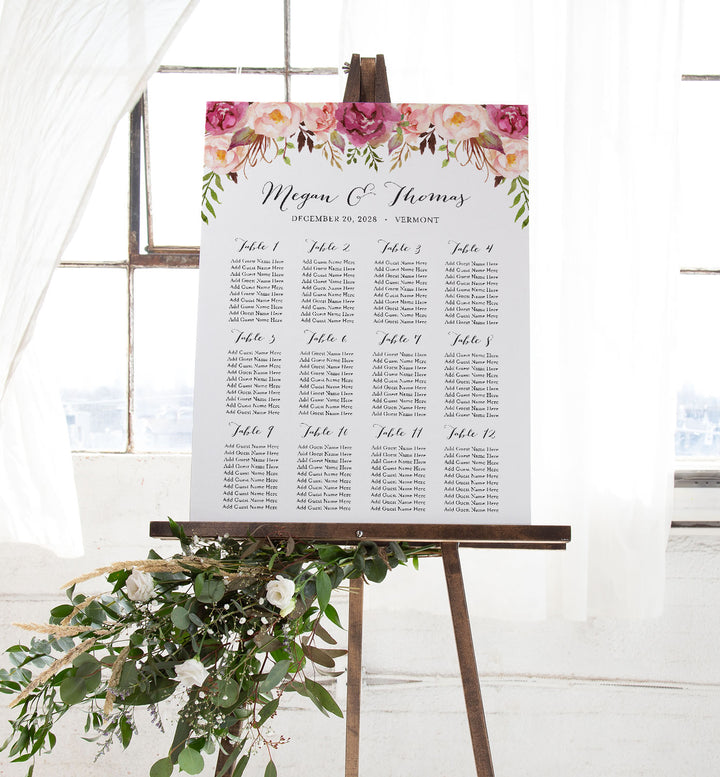 Pink Floral Wedding Seating Chart Sign Printable