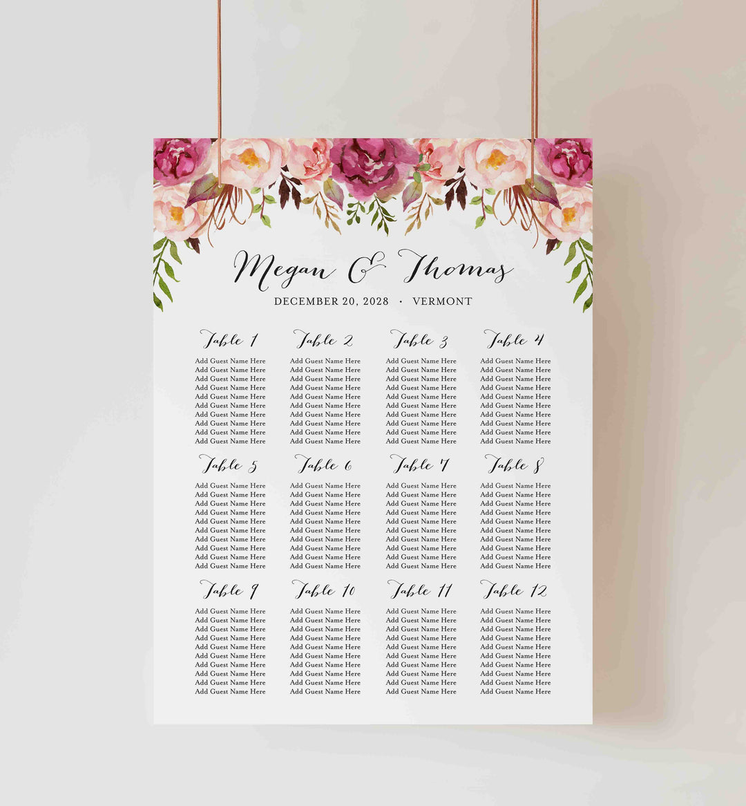Pink Floral Wedding Seating Chart Sign Printable