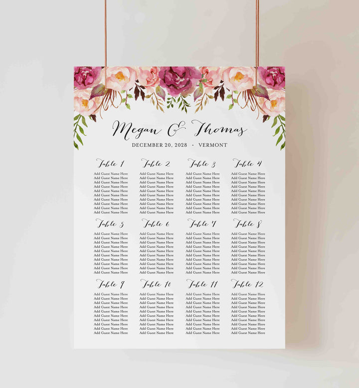 Pink Floral Wedding Seating Chart Sign Printable