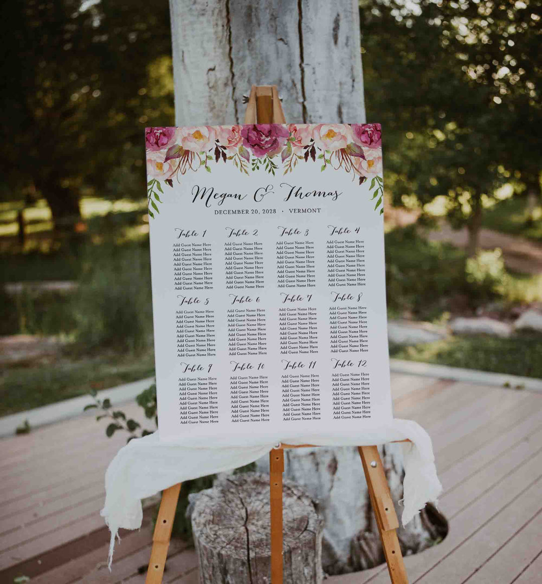 Pink Floral Wedding Seating Chart Sign Printable
