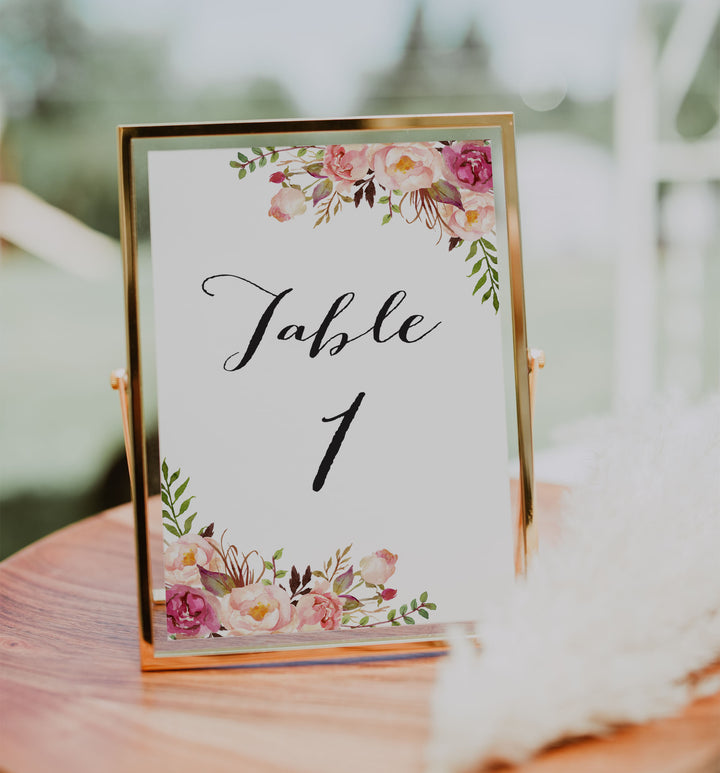 Pink Floral Wedding Table Number Printable