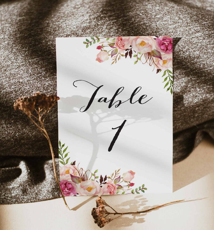Pink Floral Wedding Table Number Printable