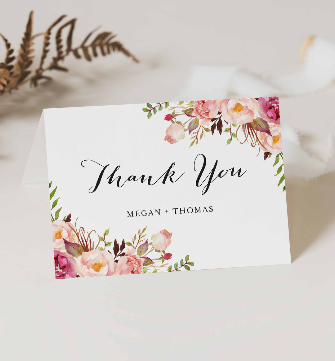 Pink Floral Wedding Thank You Card Printable