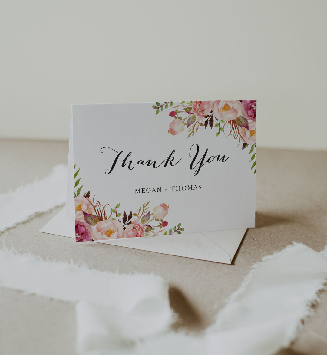 Pink Floral Wedding Thank You Card Printable