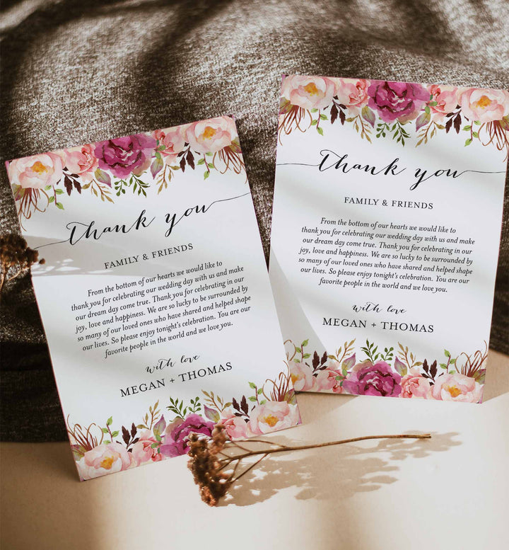 Pink Floral Wedding Thank You Note Printable